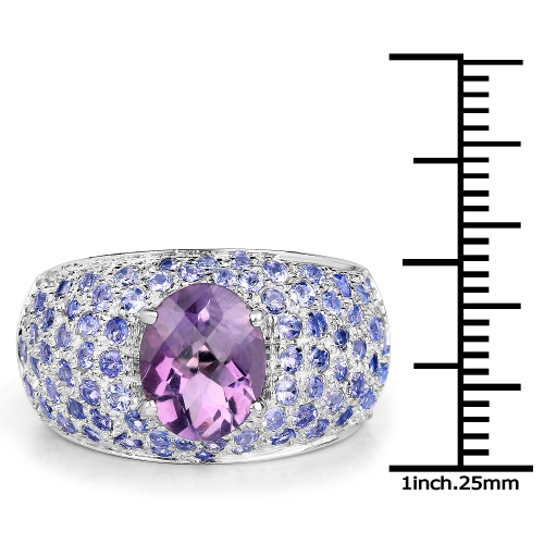 4.21 Carat Genuine Amethyst and Tanzanite .925 Sterling Silver Ring