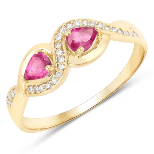 QJ  0.47 Ct Genuine Ruby And White Diamond 14K Gold Ring In Yellow