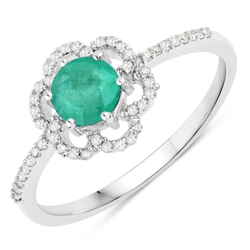 QJ  0.55 Carat Genuine Zambian Emerald And Diamond 14K Gold Ring In White