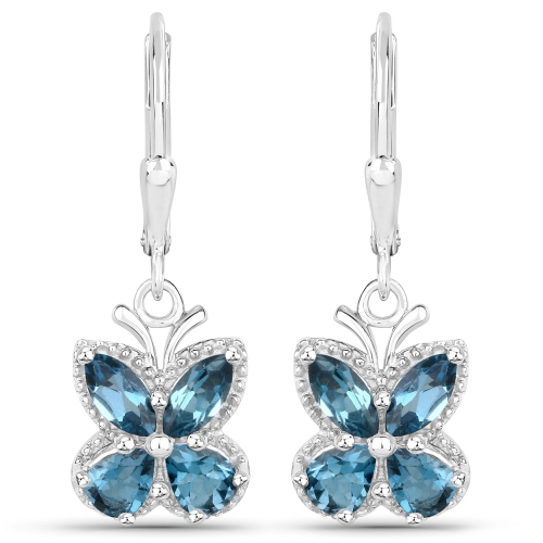 QJ  2.32 Carat Genuine London Topaz .925 Sterling Silver Earrings In Blue