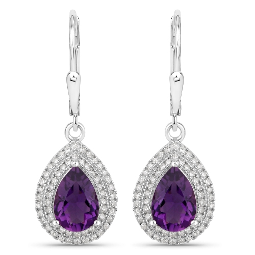 QJ  2.77 Carat Genuine Amethyst And Diamond .925 Sterling Silver Earrings In White