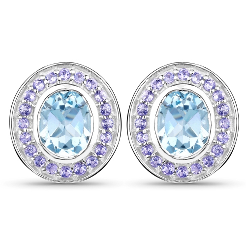 QJ  6.30 Ct. Genuine Topaz And Tanzanite .925 Sterling Silver Earrings In Blue