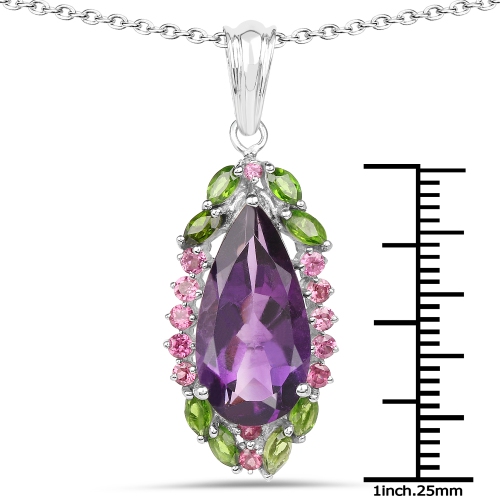 6.22 Carat Genuine Amethyst, Chrome Diopside and Rhodolite .925 Sterling Silver Pendant
