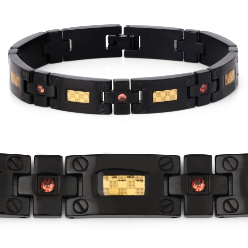Black Mens Titanium Bracelet with Gold Plate Steel Inlay 0.56ct.w. Natural Orange Sapphire Round