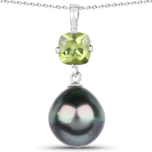 Image 1 de 2.. Pendentif en argent sterling .925 K, péridot véritable et perle de culture tahitienne d'1,05&nbsp;carat