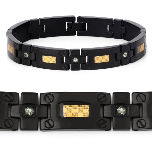 Black Mens Titanium Bracelet with Gold Plate Steel Inlay 0.56ct.w. Natural Green Sapphire Rounds