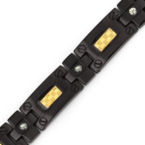 Black Mens Titanium Bracelet with Gold Plate Steel Inlay 0.56ct.w. Natural Green Sapphire Rounds