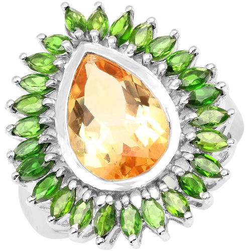 QJ  7.02 Carat Genuine Citrine And Chrome Diopside .925 Sterling Ring In Silver
