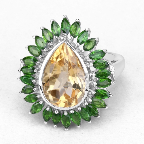 7.02 Carat Genuine Citrine and Chrome Diopside .925 Sterling Silver Ring