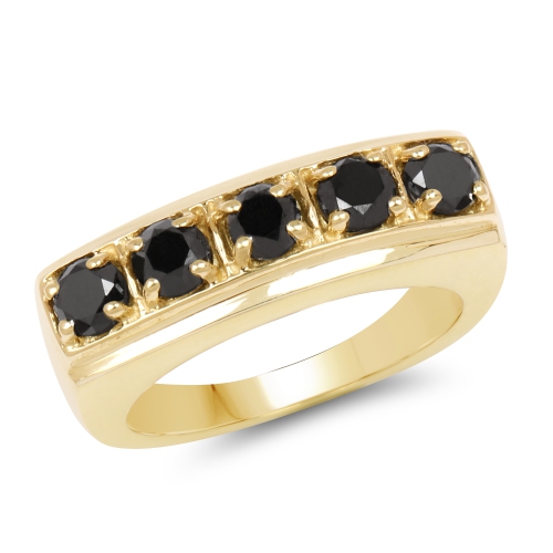 QJ  14K Gold Plated 1.25 Carat Genuine Black Diamond .925 Sterling Silver Ring In Yellow