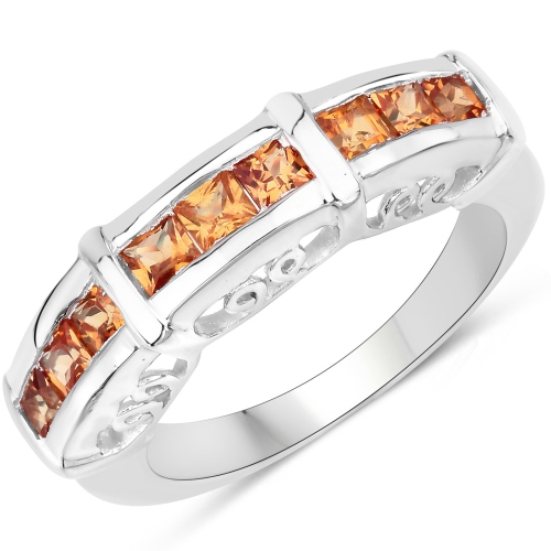 QJ  1.08 Ct Genuine Sapphire .925 Sterling Silver Ring In Orange
