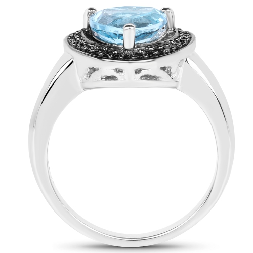 Bague en argent sterling .925 ct avec topaze bleue suisse véritable et diamant noir de 2,06 carat