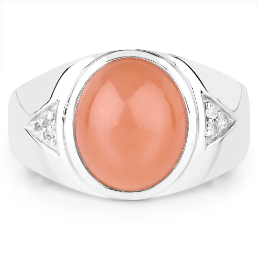 Bague en argent sterling .925 K, véritable pierre de lune pêche et topaze blanche de 6,59 carat