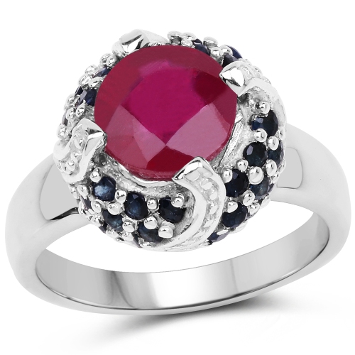 QJ  3.70 Carat Glass Filled Ruby And Sapphire .925 Sterling Silver Ring In Blue