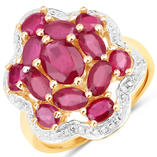 QJ  14K Gold Plated 4.18 Carat Genuine Glass Filled Ruby .925 Sterling Silver Ring In Yellow