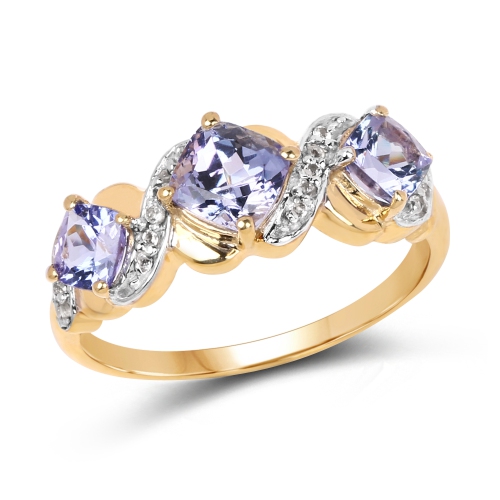 QJ  14K Gold Plated 1.20 Carat Genuine Tanzanite And White Topaz .925 Sterling Silver Ring In Yellow