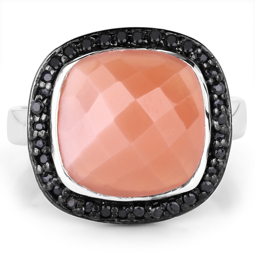 6.46 Carat Genuine Peach Moonstone and Black Spinel .925 Sterling Silver Ring