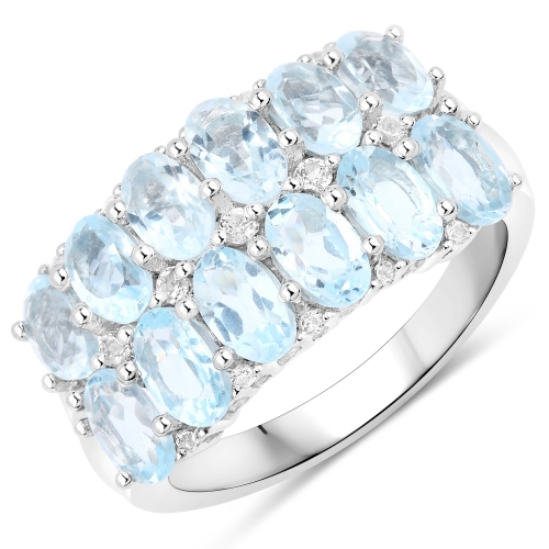 3.16 Carat Genuine Blue Topaz and White Topaz .925 Sterling Silver Ring