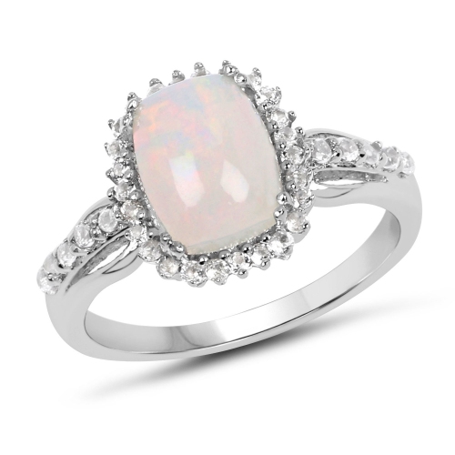 QJ  1.55 Carat Genuine Ethiopian Opal And Topaz .925 Sterling Silver Ring In White