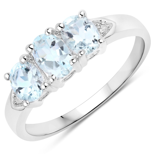 QJ  0.95 Carat Genuine Aquamarine And Diamond .925 Sterling Silver Ring In White