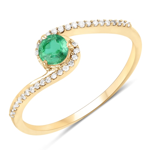 QJ  0.33 Carat Genuine Zambian Emerald And White Diamond 14K Gold Ring In Yellow