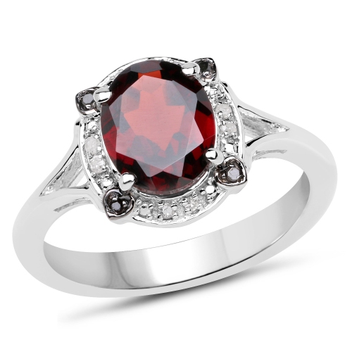 QJ  2.05 Carat Genuine Garnet Diamond And Black Diamond .925 Sterling Silver Ring In White