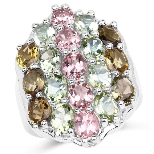 6.74 Carat Genuine Brown Tourmaline, Pink Tourmaline & Green Tourmaline .925 Sterling Silver Ring