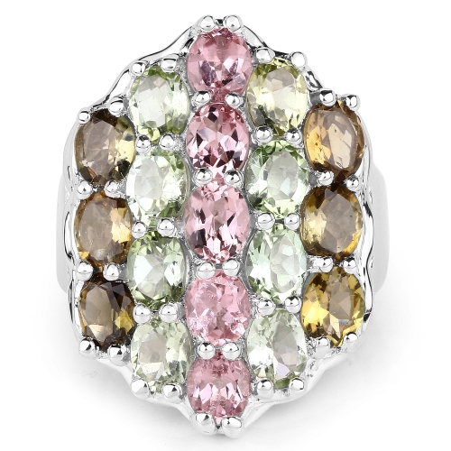6.74 Carat Genuine Brown Tourmaline, Pink Tourmaline & Green Tourmaline .925 Sterling Silver Ring