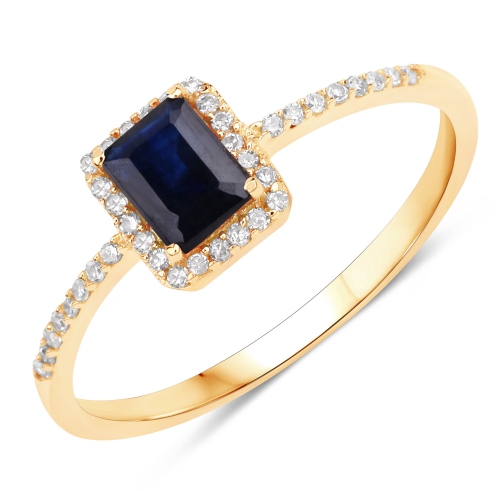 QJ  0.60 Ct Genuine Blue Sapphire And White Diamond 14K Gold Ring In Yellow