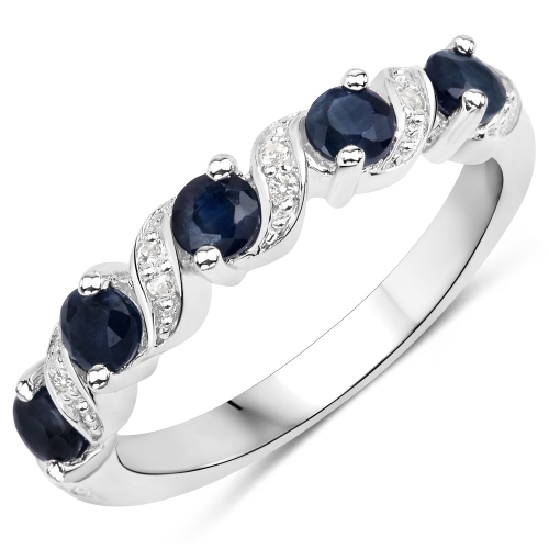 QJ  0.64 Carat Genuine Sapphire And White Topaz .925 Sterling Silver Ring In Blue