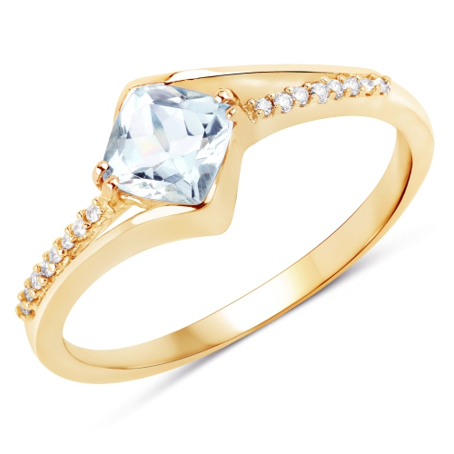 QJ  0.88 Carat Genuine Aquamarine And White Diamond 14K Gold Ring In Yellow