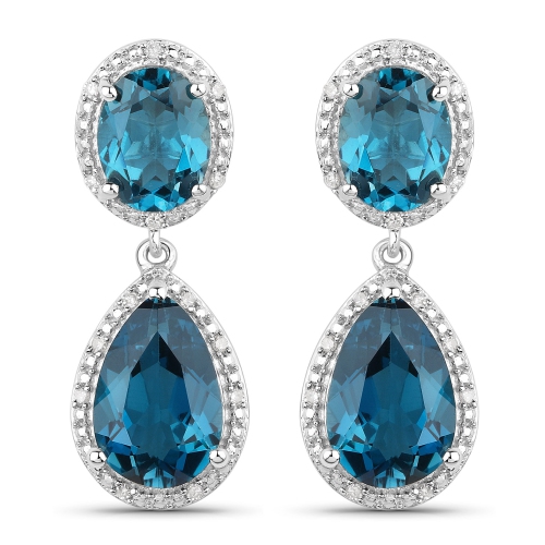 QJ  11.45 Carat Genuine London Topaz And White Diamond .925 Sterling Silver Earrings In Blue