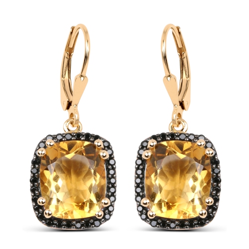 QJ  14K Gold Plated 8.90 Carat Genuine Citrine & Black Spinel .925 Sterling Silver Earrings In Yellow