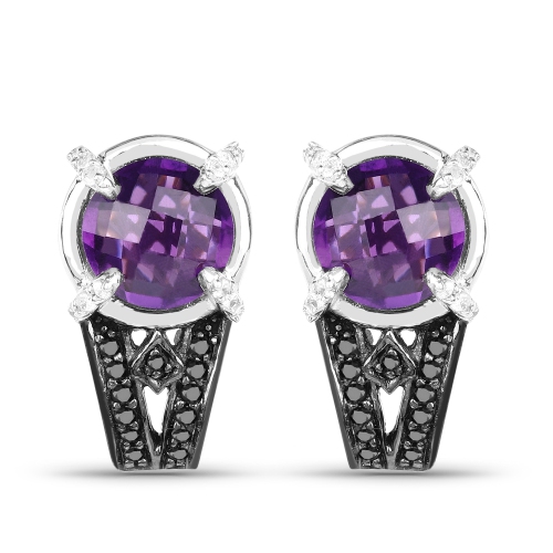 QJ  3.61 Carat Genuine Amethyst, Black Diamond And Diamond .925 Sterling Silver Earrings In White