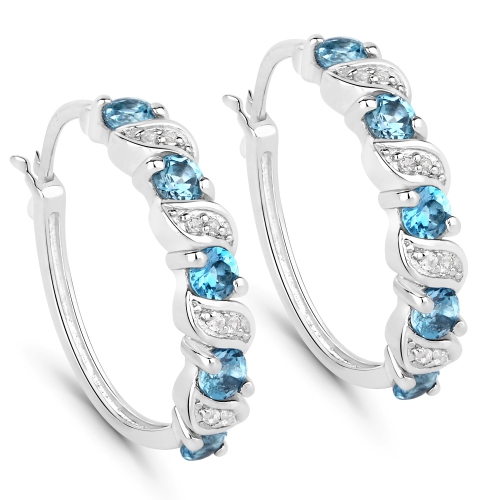 QJ  1.48 Carat Genuine London Topaz And White Topaz .925 Sterling Silver Earrings In Blue