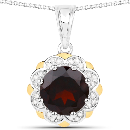 QJ  2.32 Carat Genuine Garnet And White Diamond 14K Gold With .925 Sterling Silver Pendant In Yellow