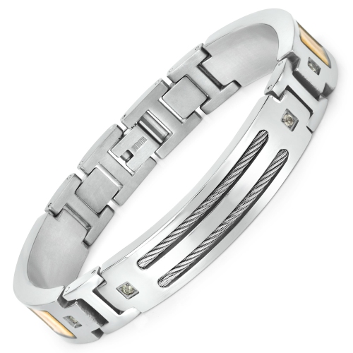 QJ  Mens Titanium Bracelet With Gold Plate Steel Inlay 0.48Ct.w. Natural Sapphire Rounds In Green
