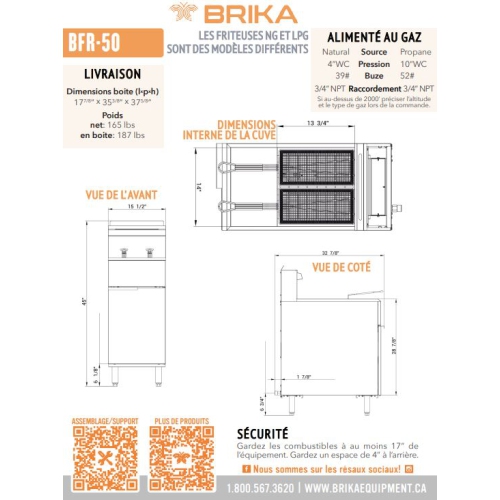 BRIKA BFR-50-NAT Commercial Natural Gas Deep Fryer 50 lbs Oil Capacity 120 000 BTU