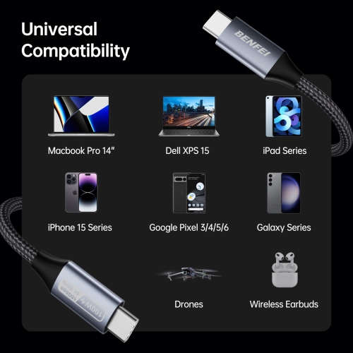 BENFEI USB C 4K Video Cable, 100W PD Fast Charge, 10Gbps Data Transfer,Tangle-Free Silicone USB-C Cable [Aluminum Shell, Woven Design]