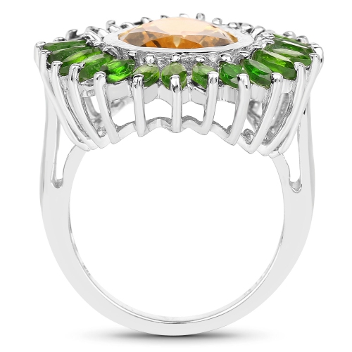 7.02 Carat Genuine Citrine and Chrome Diopside .925 Sterling Silver Ring