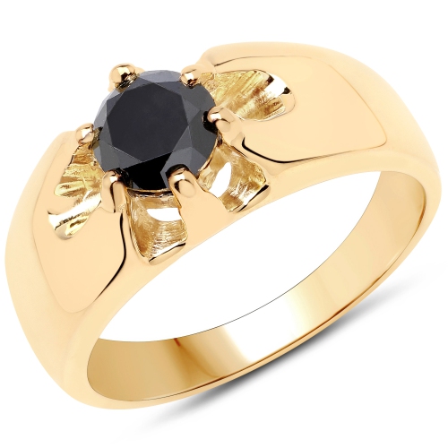 QJ  14K Gold Plated 1.00 Carat Genuine Black Diamond .925 Sterling Silver Ring In Yellow
