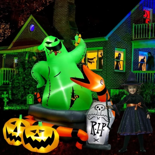 6 Ft Halloween Inflatable Outdoor Decoration - Green Monster with Snake, Tombstone, and Pumpkin Yard Decor with Built-in LED Lights