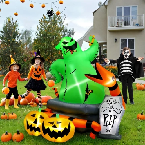 6 Ft Halloween Inflatable Outdoor Decoration - Green Monster with Snake, Tombstone, and Pumpkin Yard Decor with Built-in LED Lights