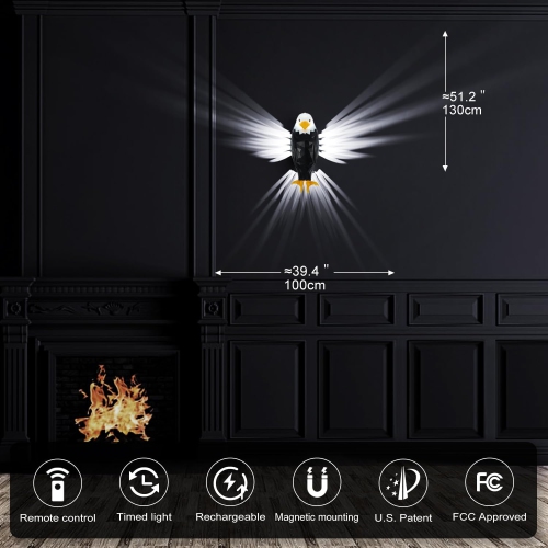 YOULIGHTS Bald Eagle Wall Lamp, American Eagle Night Light with Remote Control, Battery Powered and Removable Rechargeable, Magnetic Wall Mounted for