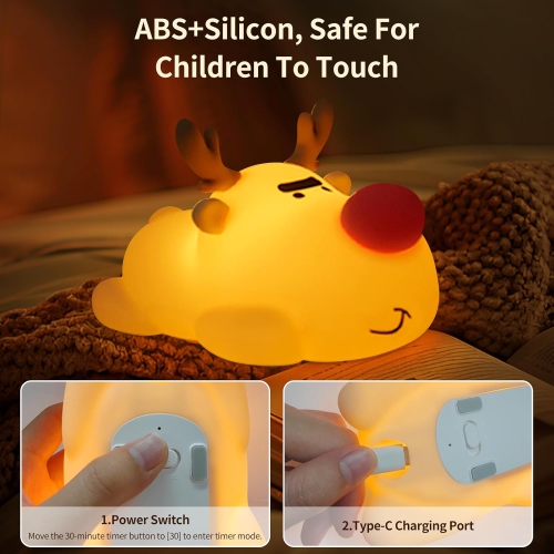 YOULIGHTS Kids Night Light - Silicone Dimmable, Rechargeable Toddler Night Light with Cute Reindeer Design, Safe Baby Night Light for Bedroom,