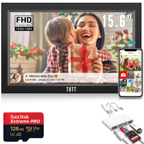 TUTT 15.6” Digital Photo Frame Smart WiFi IPS Touch Screen | 32GB Storage | Frameo App | 128 GB Additional Micro SD and Reader Kit | Tabletop or Wall