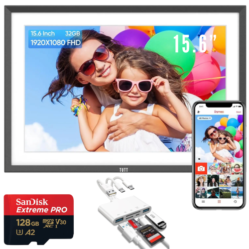 TUTT 15.6” Digital Photo Frame Smart WiFi IPS Touch Screen | 32GB Storage | Frameo App | 128 GB Additional Micro SD and Reader Kit | Tabletop or Wall