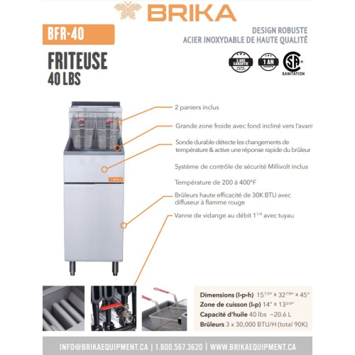 BRIKA BFR-40-LPG Commercial Propane LPG Deep Fryer 40 lbs Oil Capacity 90 000 BTU