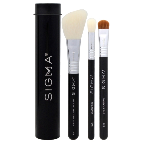Essential Brush Set - Black by SIGMA for Women - 4 Pc Eye Shading Brush - E55, Large Angled Contour Brush - F40, Blending Brush - E25, Brush Tin