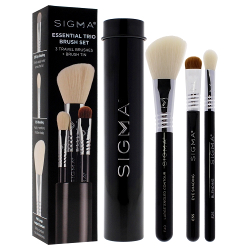 Essential Brush Set - Black by SIGMA for Women - 4 Pc Eye Shading Brush - E55, Large Angled Contour Brush - F40, Blending Brush - E25, Brush Tin